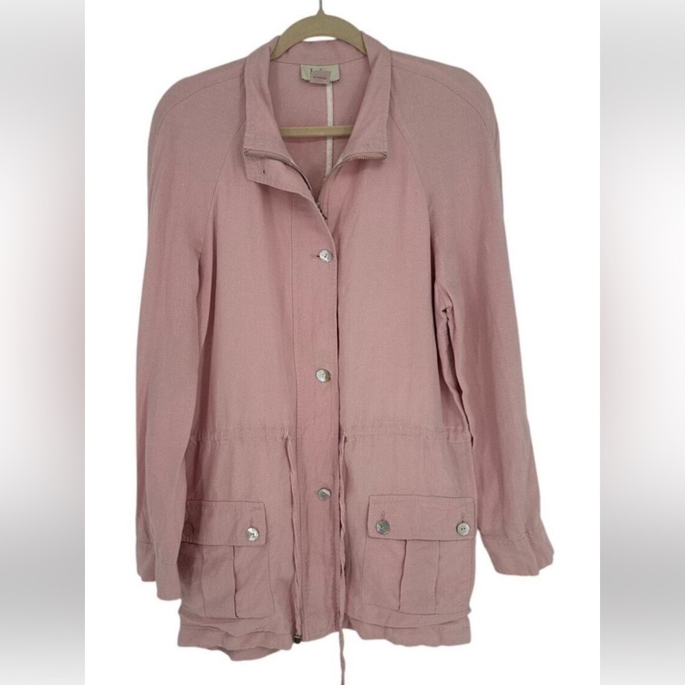 NEIMAN MARCUS 100% LINEN UTILITY JACKET BLUSH PINK SIZE LARGE ZIPPER BUTTONS